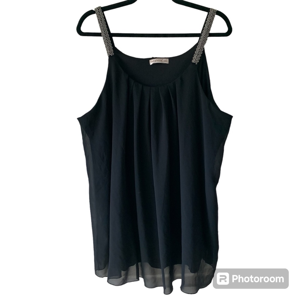 MANER Women’s PLUS Black Chiffon Camisole/Tank Top Silver Beaded Straps Airy 3XL